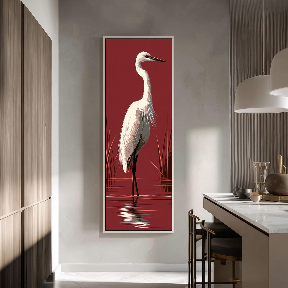 White egret wading on crimson red tall skinny canvas print in a modern kitchen