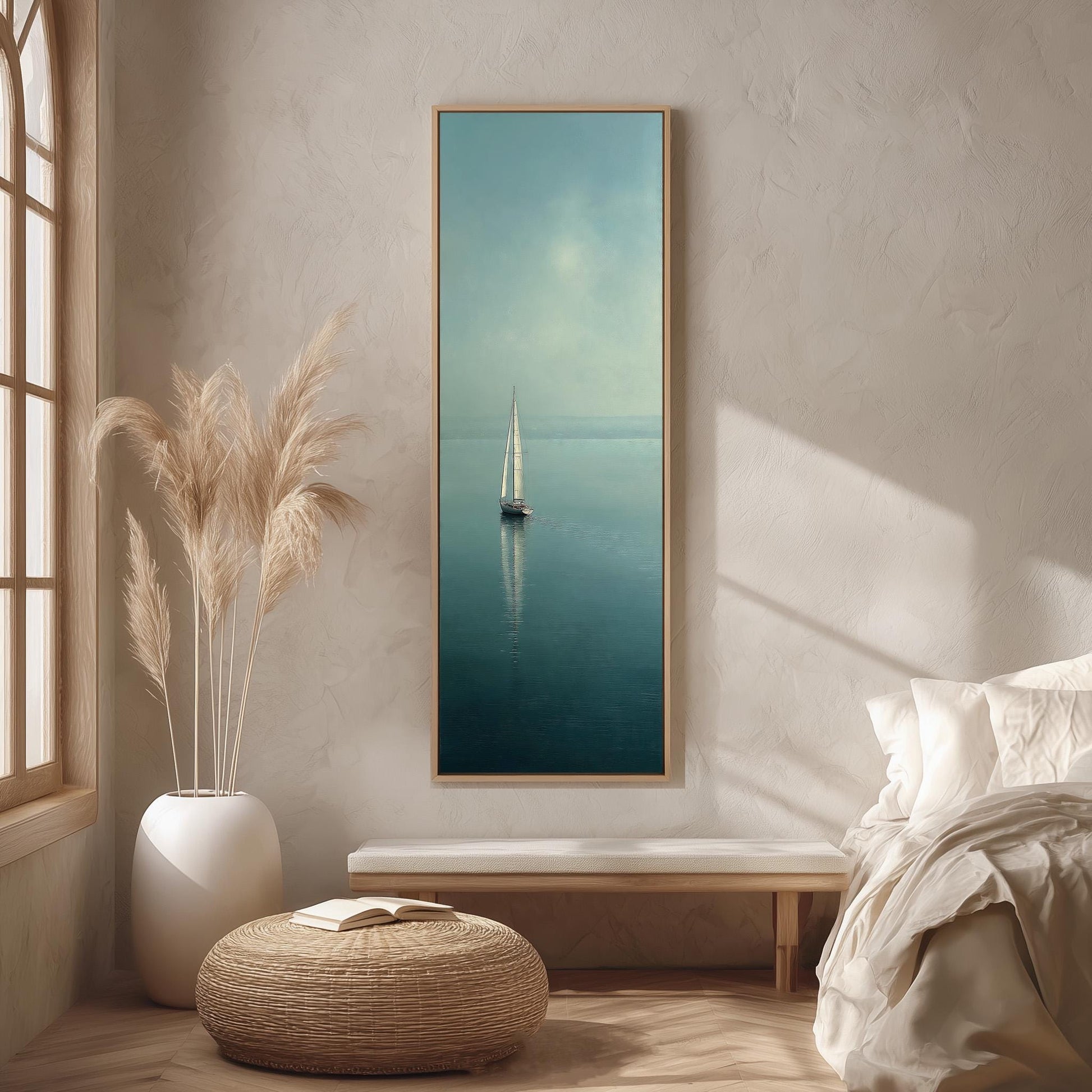 a serene indoor setting with a large painting of a sailboat on the wall, a white sofa, a woven ottoman, and a potted plant.
