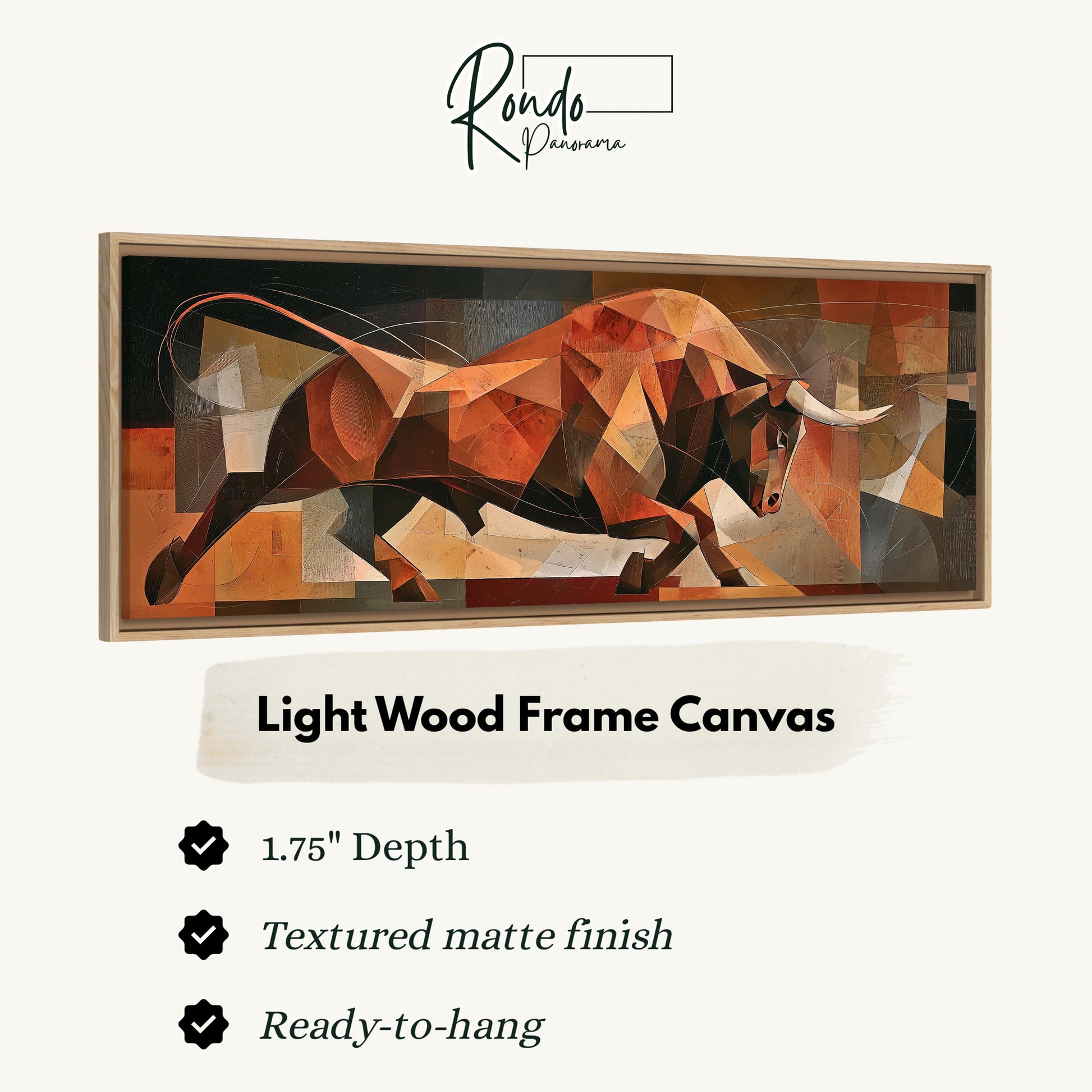 The image is a light wood frame canvas depicting a bull in motion.