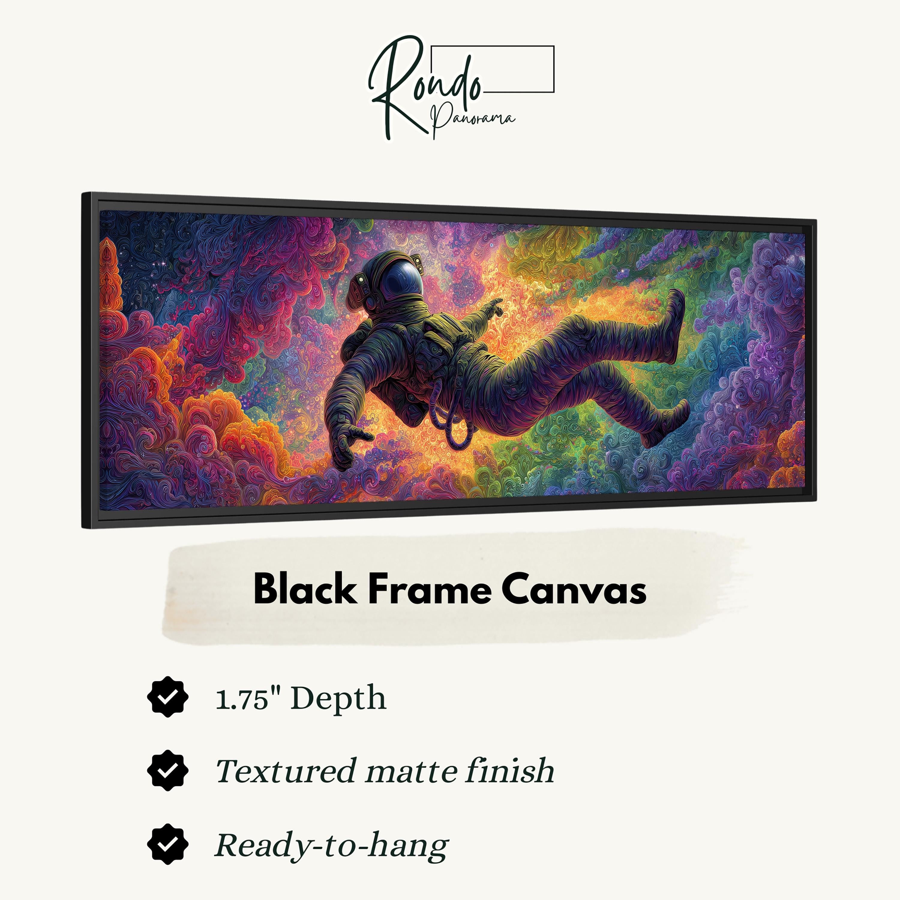 The image is a black frame canvas depicting an astronaut floating in a colorful, cosmic scene.