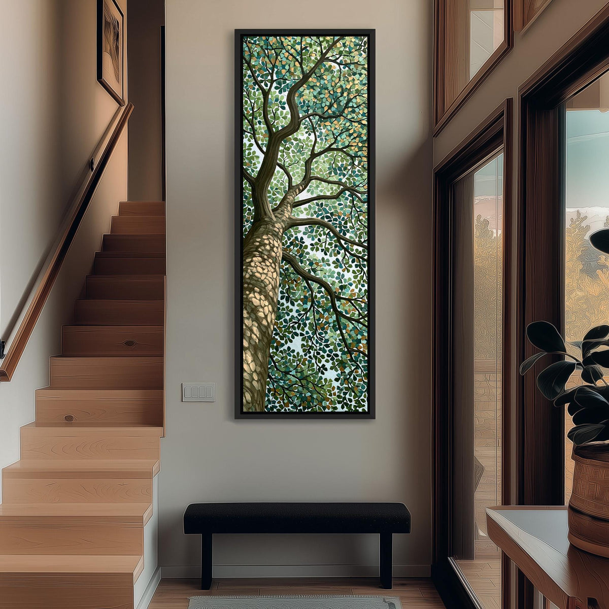 Tree canopy in a dappled mosaic style tall narrow canvas print beside a staircase in an entryway