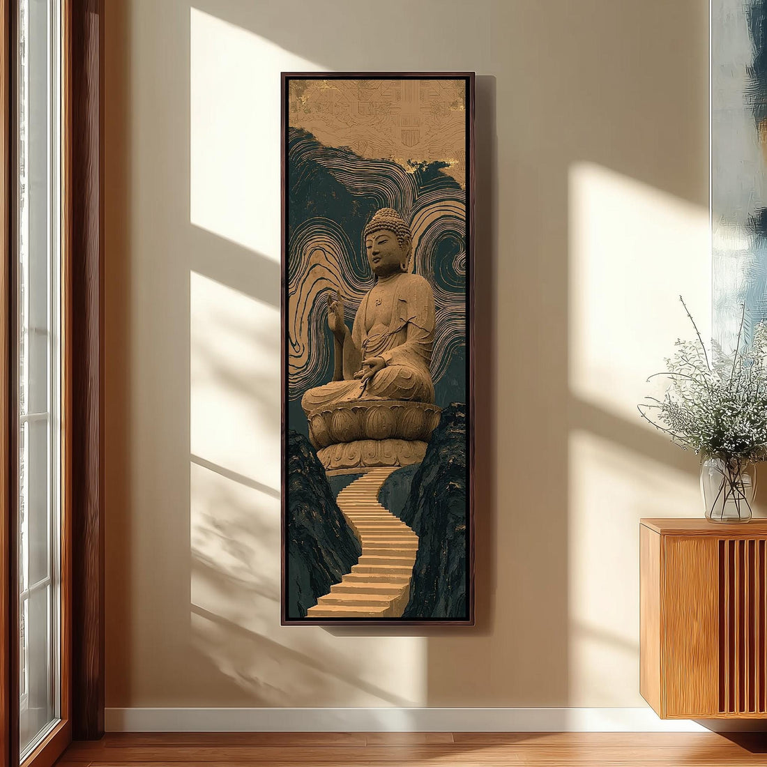 Buddha statue above a mountain staircase long vertical canvas print in a sunlit living space