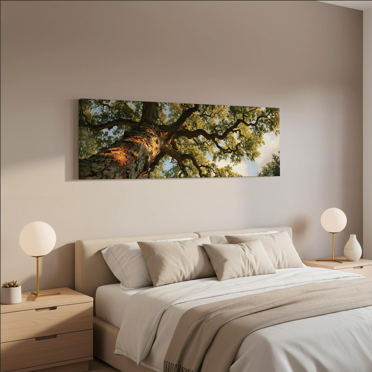 Twisting oak branch from below long horizontal canvas print displayed on a wall