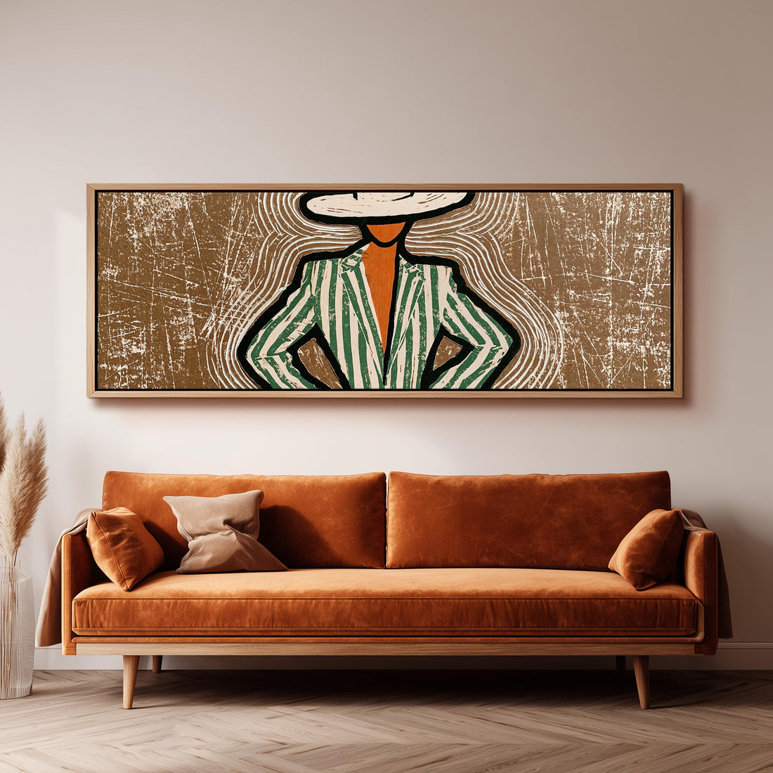 Folk portrait in a green striped suit long horizontal canvas print above a sofa in a living room