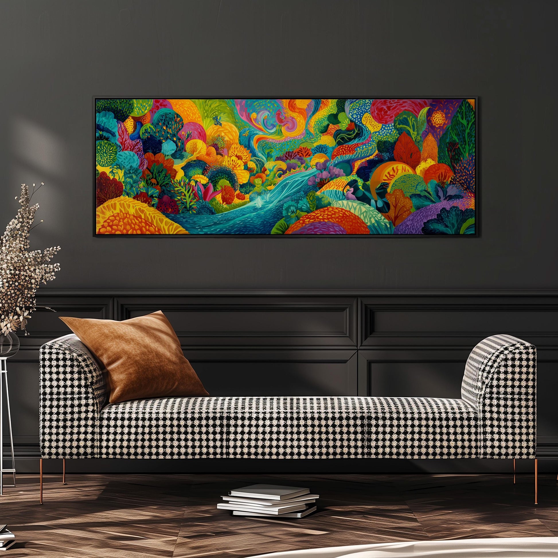 a large, colorful painting hanging on a wall above a black and white checkered sofa in a modern living room setting.