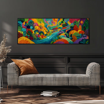 a large, colorful painting hanging on a wall above a black and white checkered sofa in a modern living room setting.