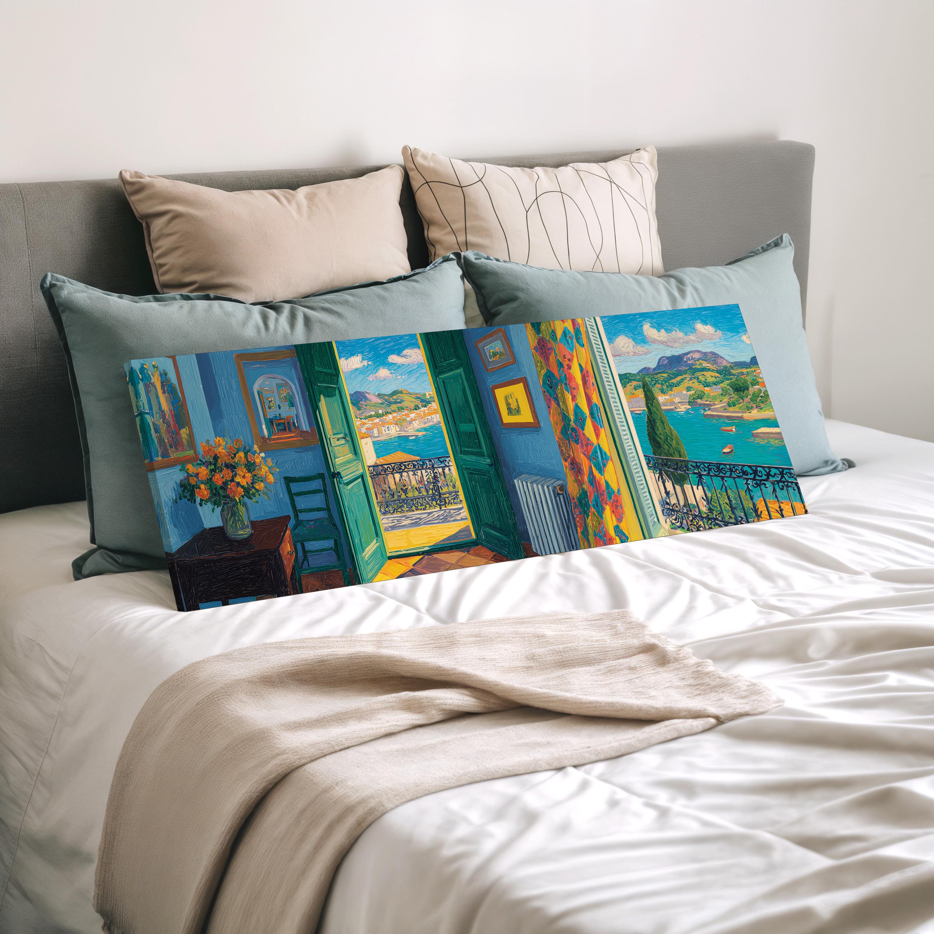 a bed with a white comforter and a colorful painting of a room with a vase of flowers on the bed.