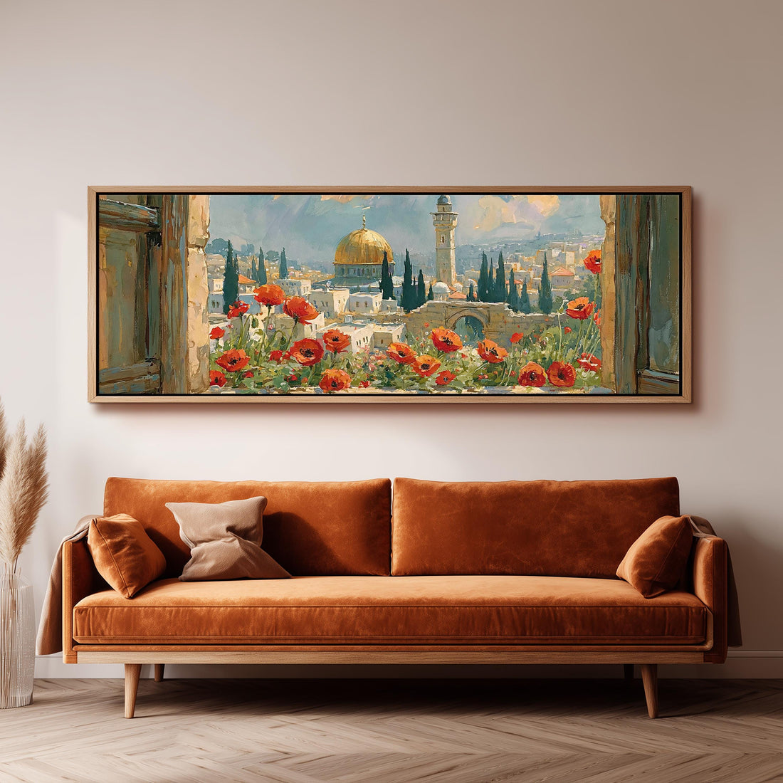 Jerusalem skyline through a window with poppies long horizontal canvas print above a sofa in a living room