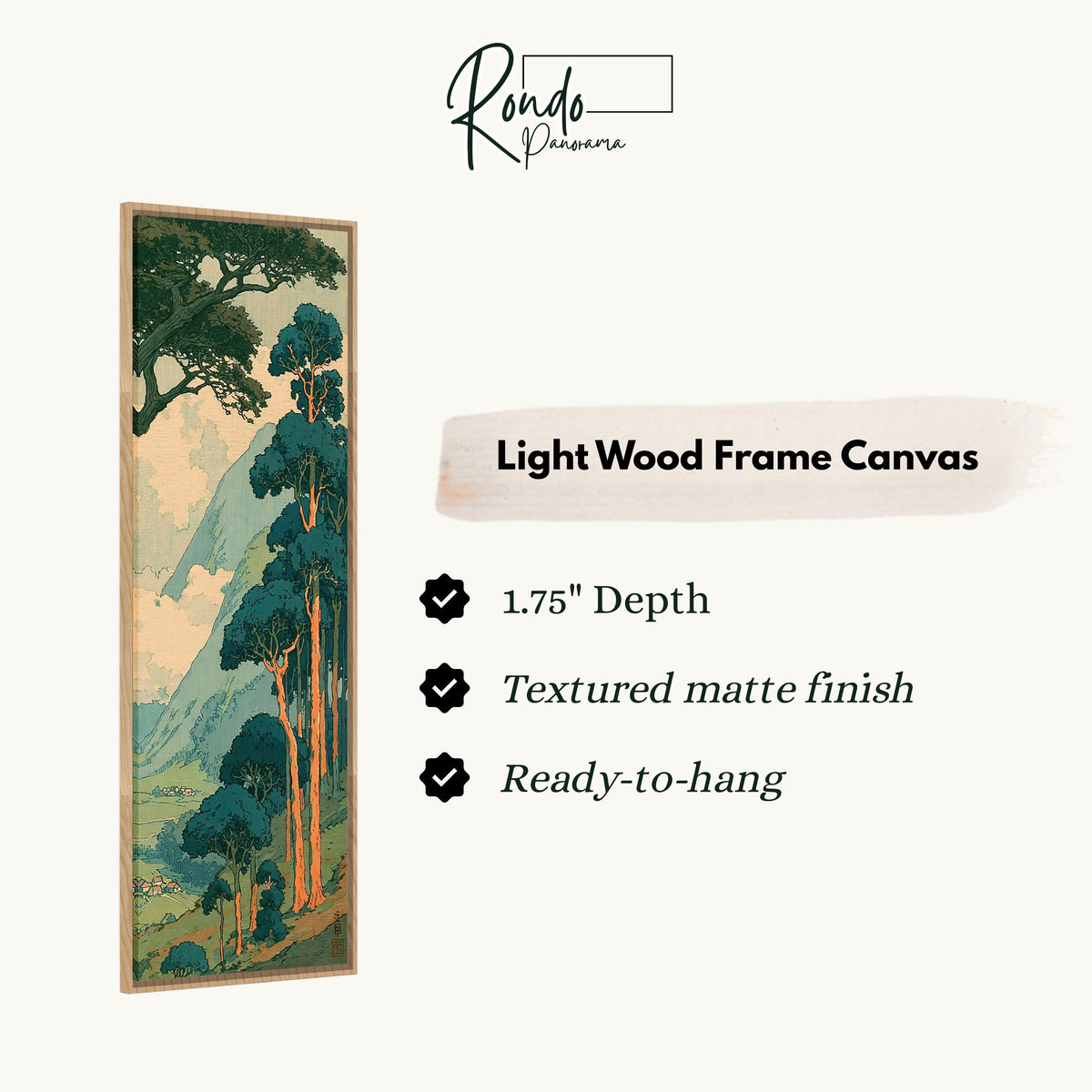 Pine trees above a misty valley in a woodblock style canvas print in a light wood floating frame