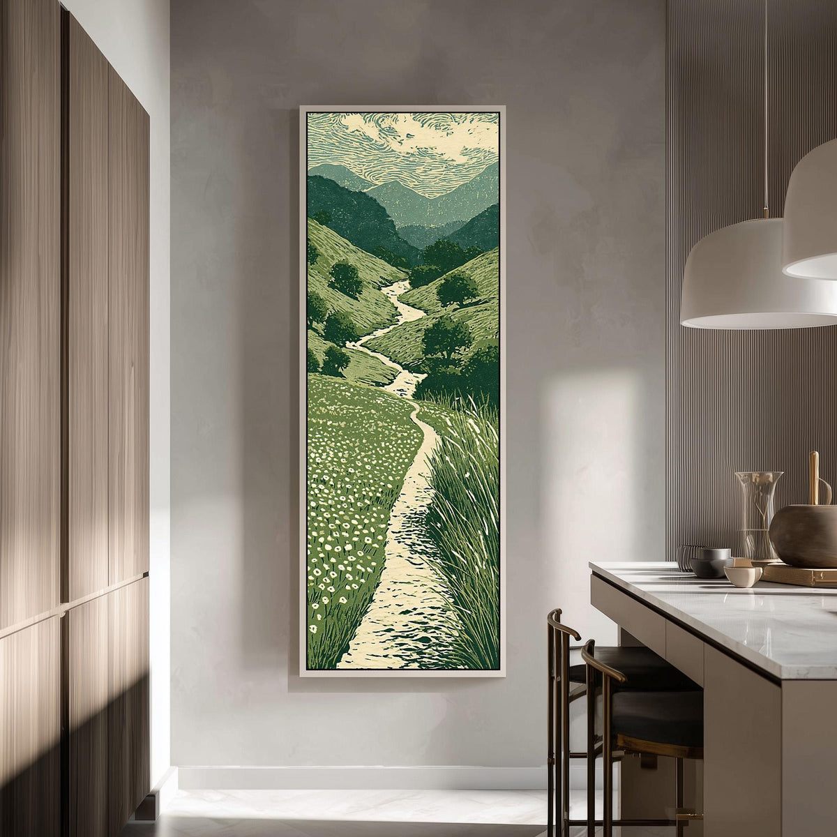 Trail winding through green mountains tall skinny canvas print in a modern kitchen