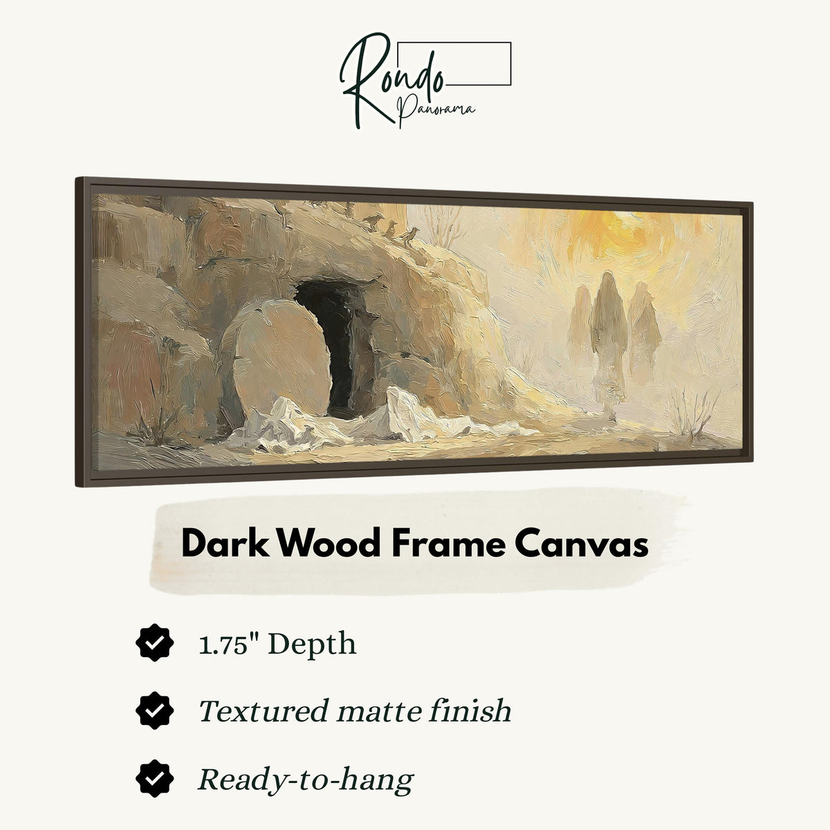 The empty tomb at sunrise canvas print in a dark wood floating frame