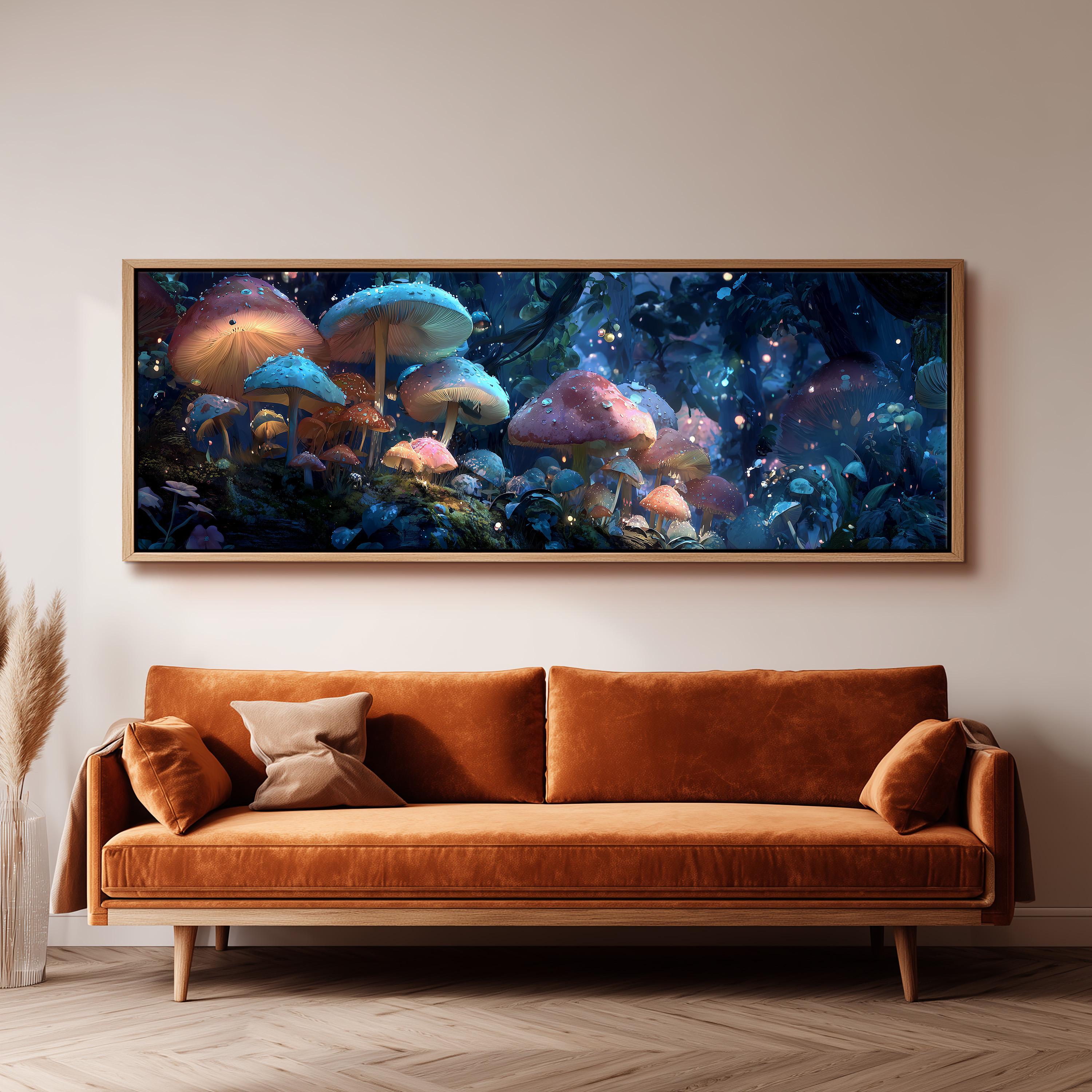 a large, vibrant painting of mushrooms hanging on a wall above a brown sofa.
