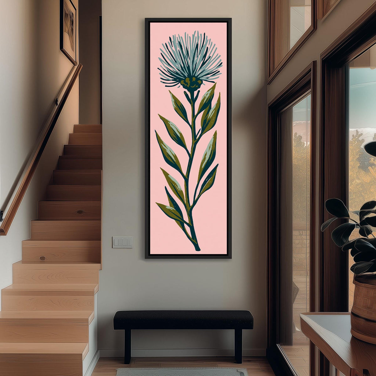 Blue thistle flower on blush pink long vertical canvas print in a bright reading corner
