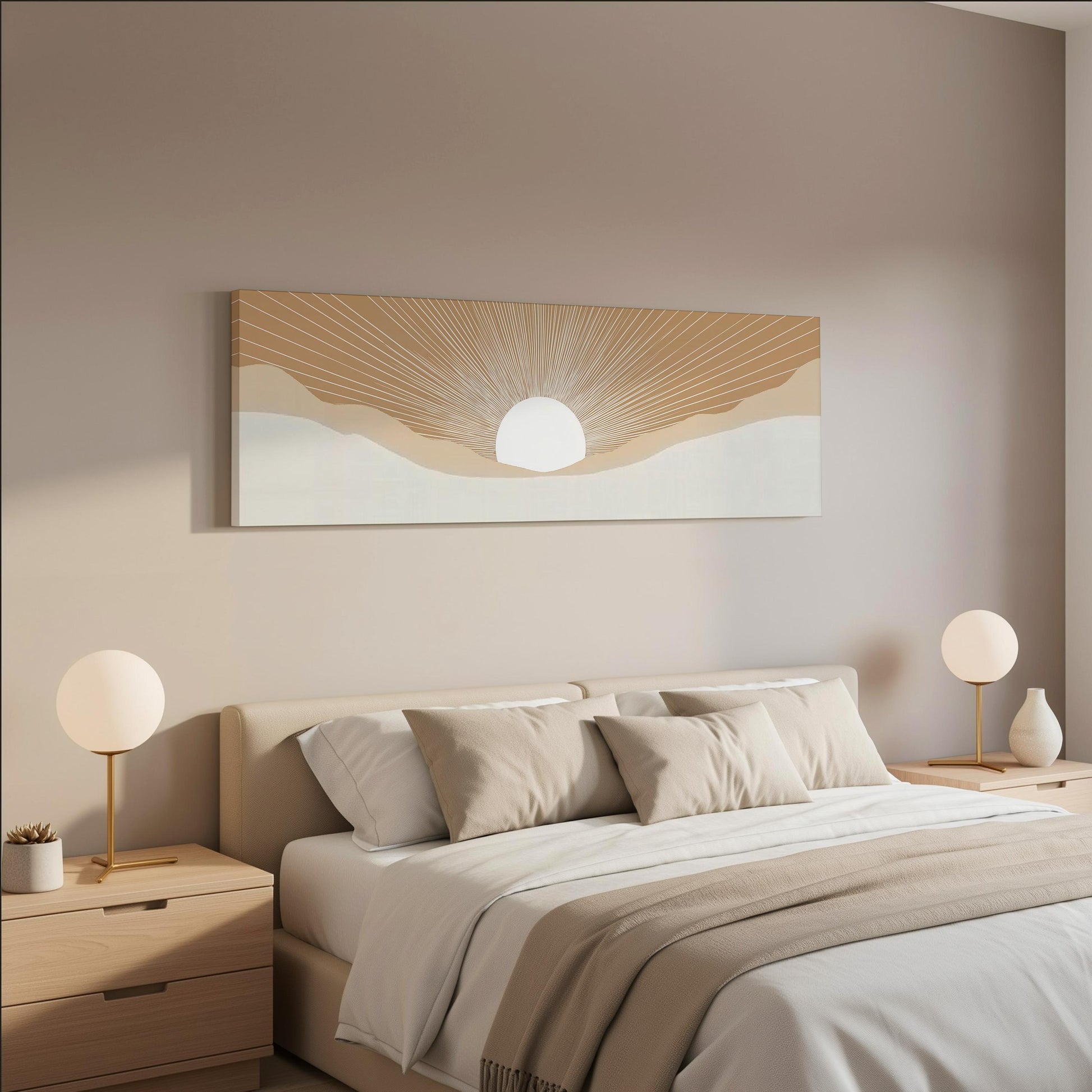 a serene and modern bedroom with a large bed, two nightstands with lamps, and a large wall art piece depicting a sun-like design.