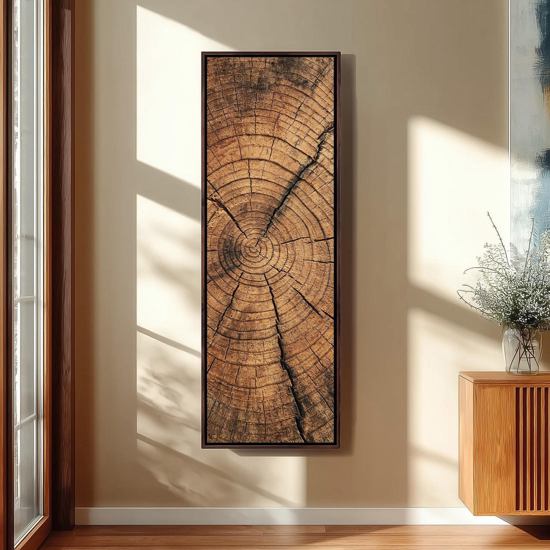 Natural tree ring texture long vertical canvas print in a sunlit living space