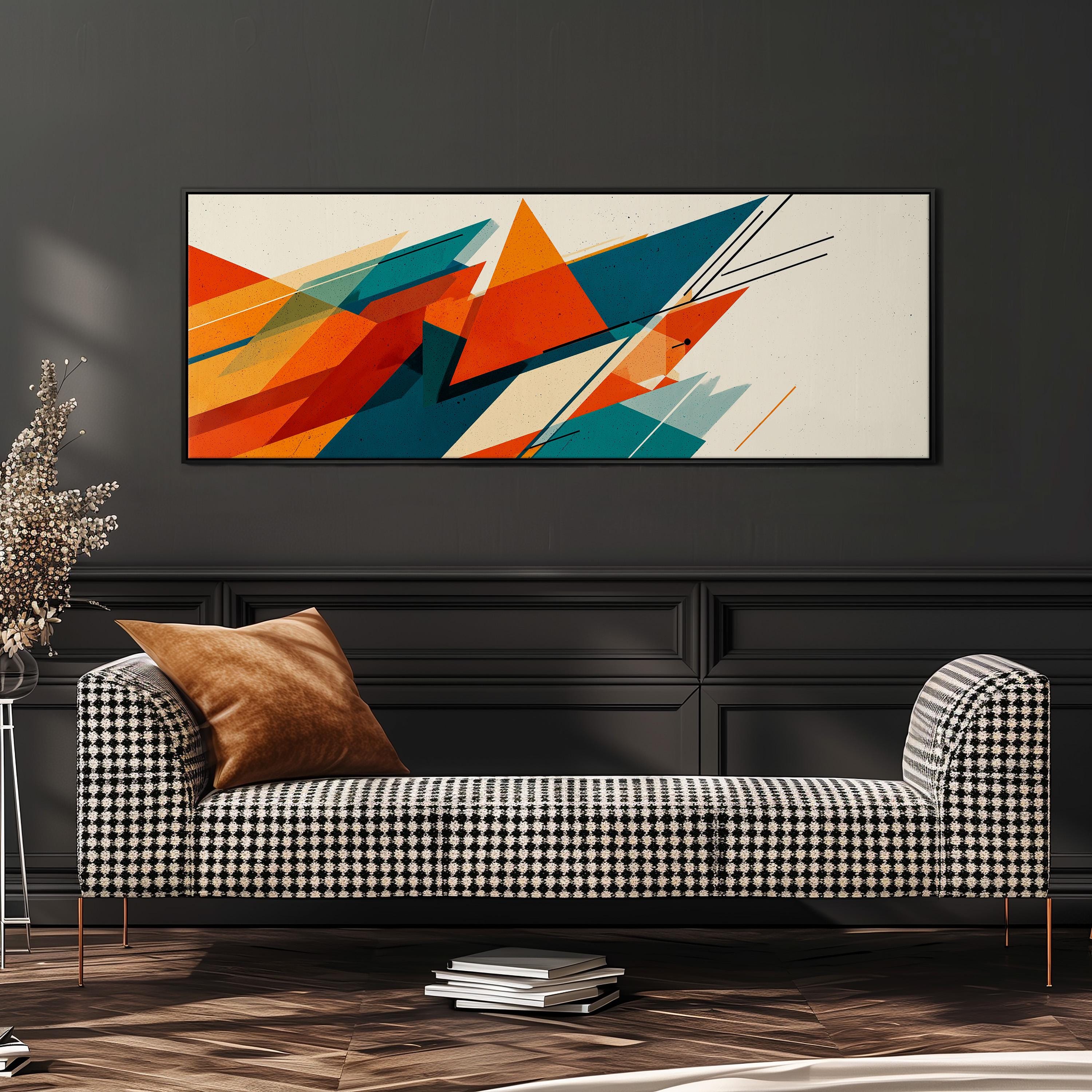 a modern living room with a black and white checkered sofa, a stack of books, and a large abstract painting hanging on the wall above the sofa.