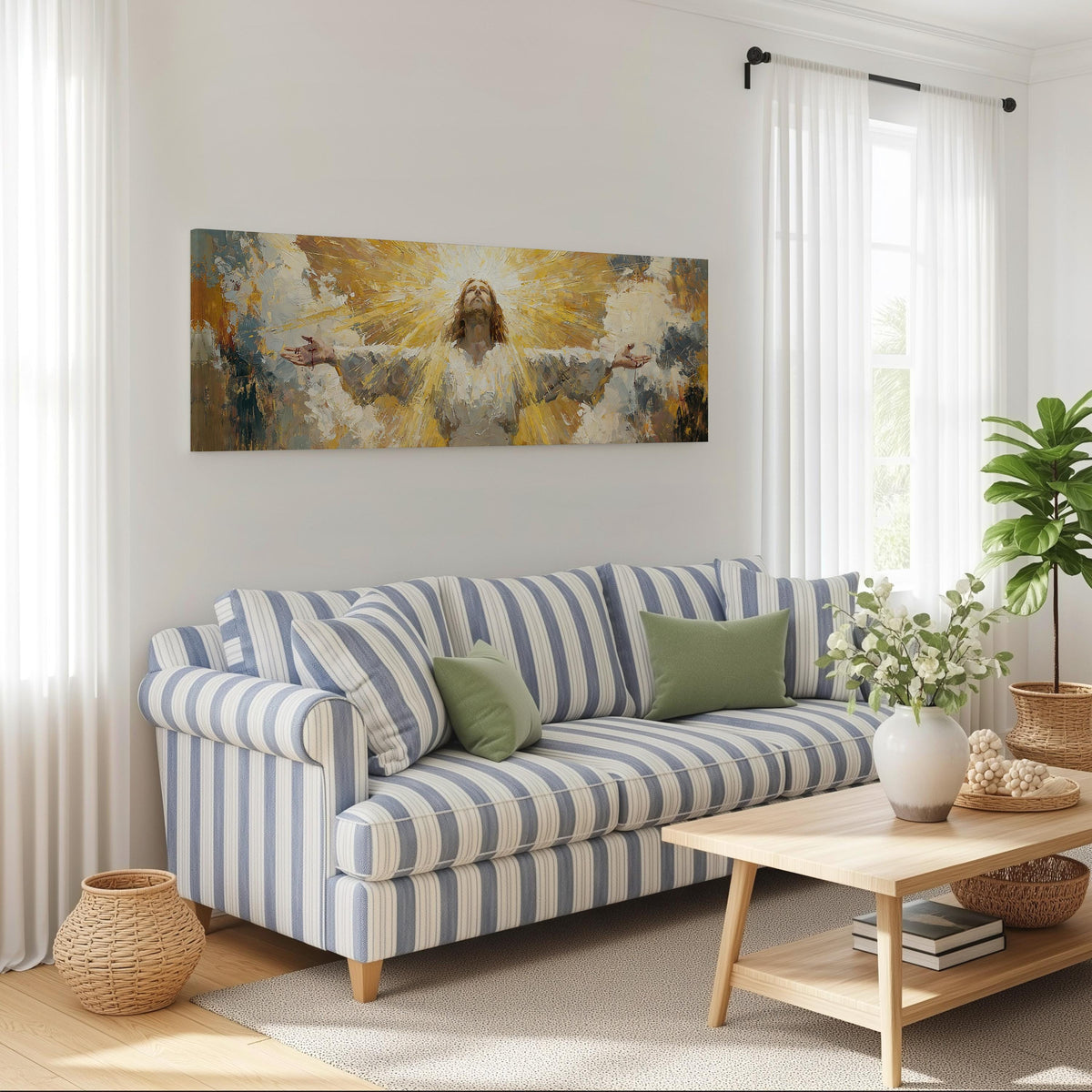 Risen Christ in golden light long horizontal canvas print above a striped sofa in a coastal living room