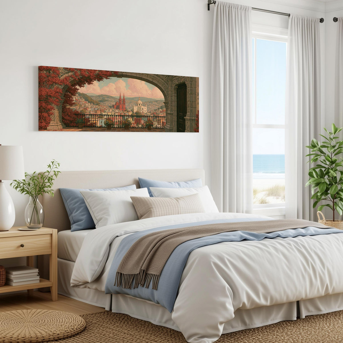 Old world city view through an archway panoramic canvas print above a bed in a coastal bedroom