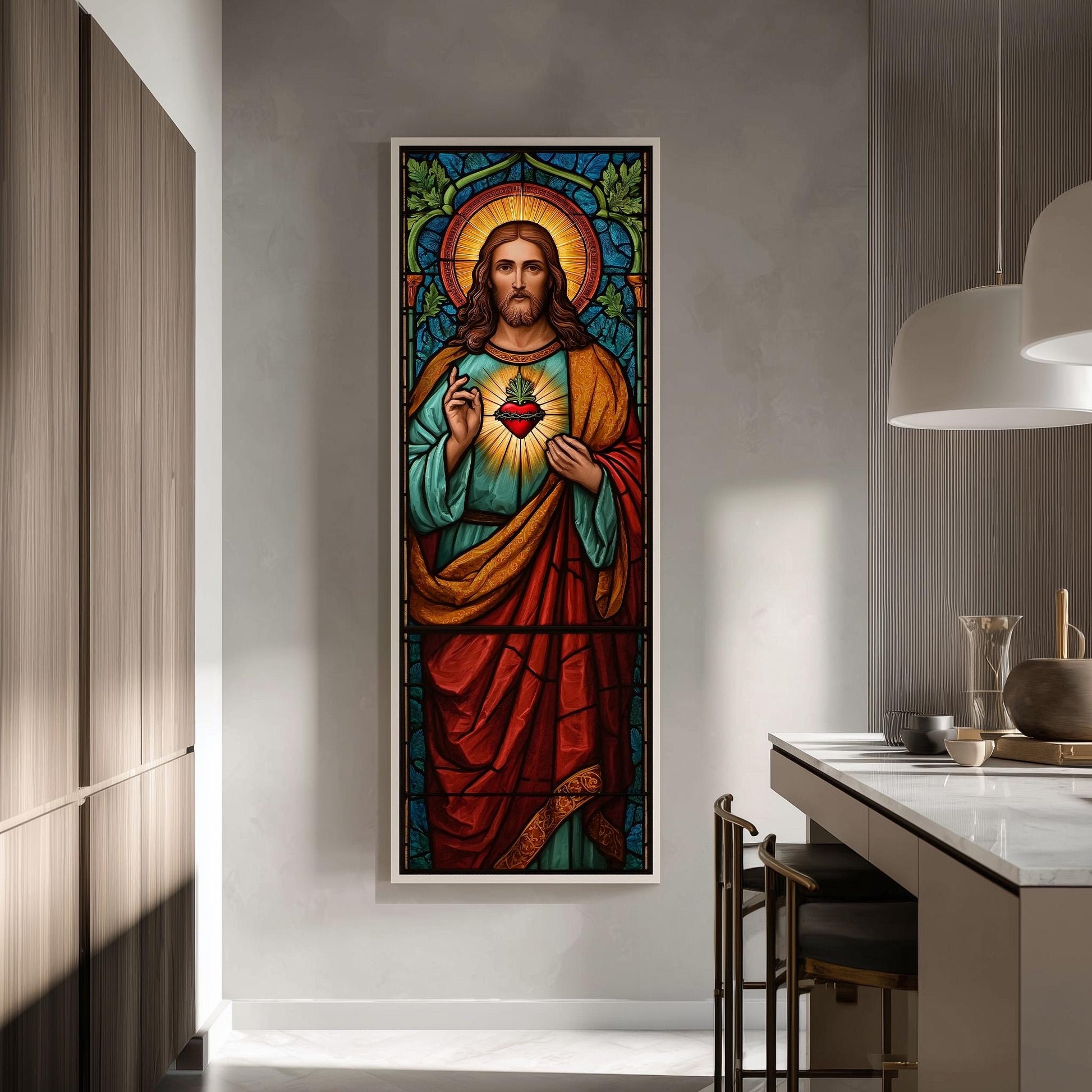 a large, colorful painting of Jesus Christ, with a stained glass-like design and a prominent heart in his chest. The painting is mounted on a wall in a room with a kitchen counter and chairs visible in the background.