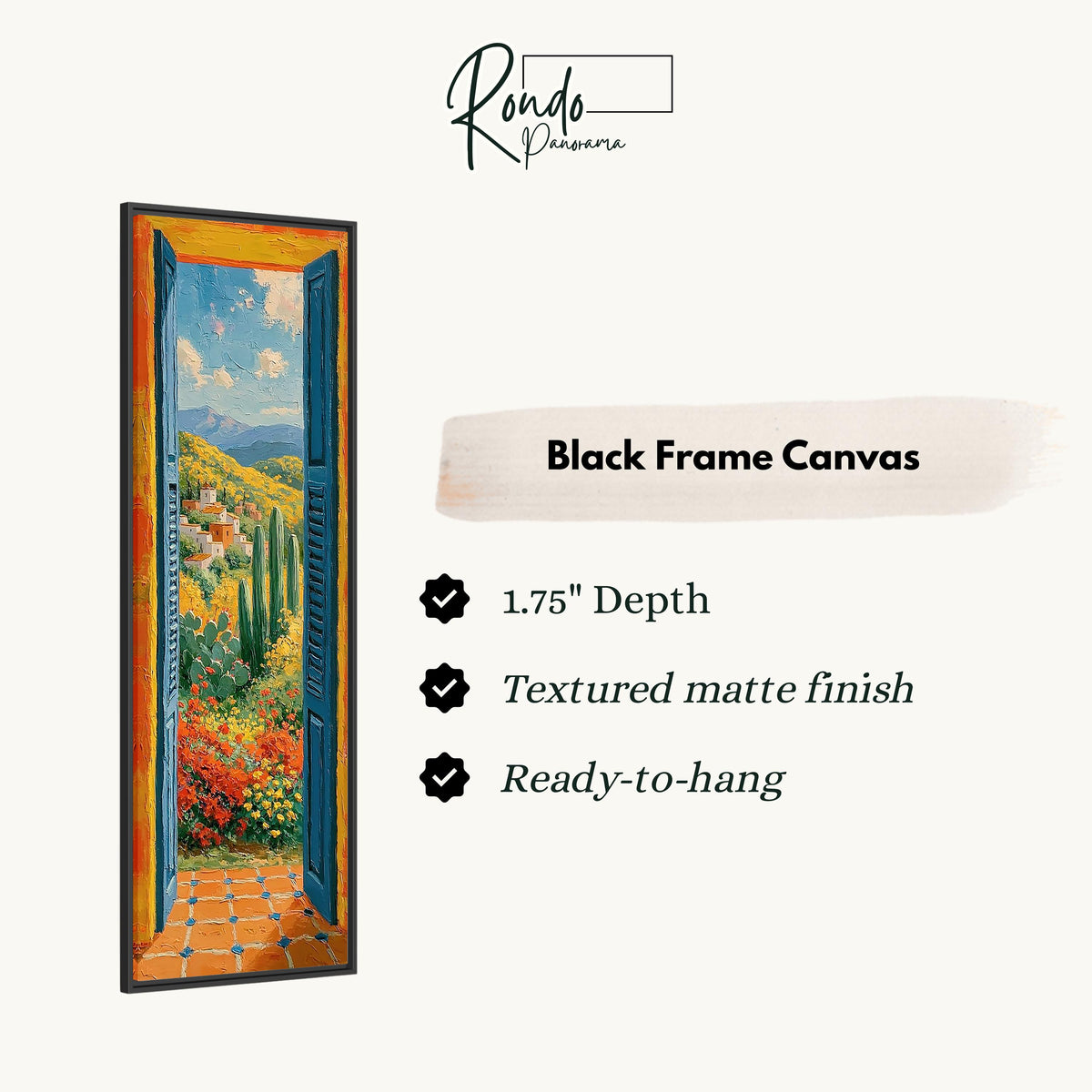 Open blue door onto a Mediterranean valley canvas print in a black floating frame