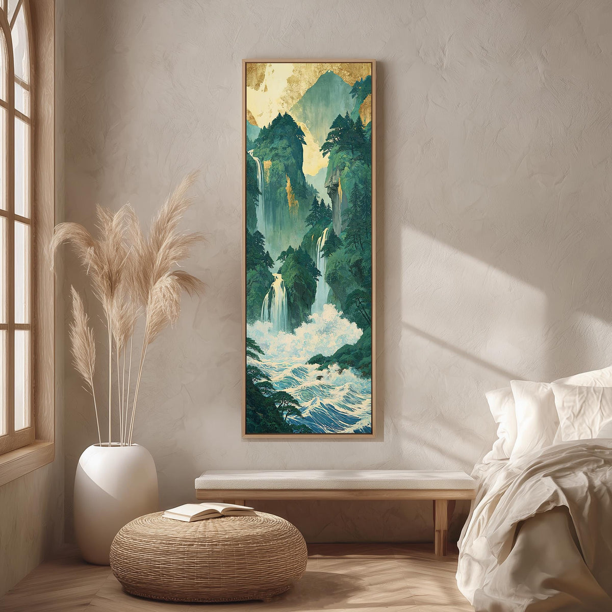 Emerald waterfall gorge long vertical canvas print in a bright reading corner