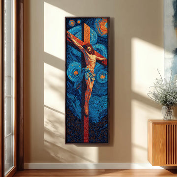 a large, colorful painting of Jesus Christ on the cross, hanging on a wall in a room.