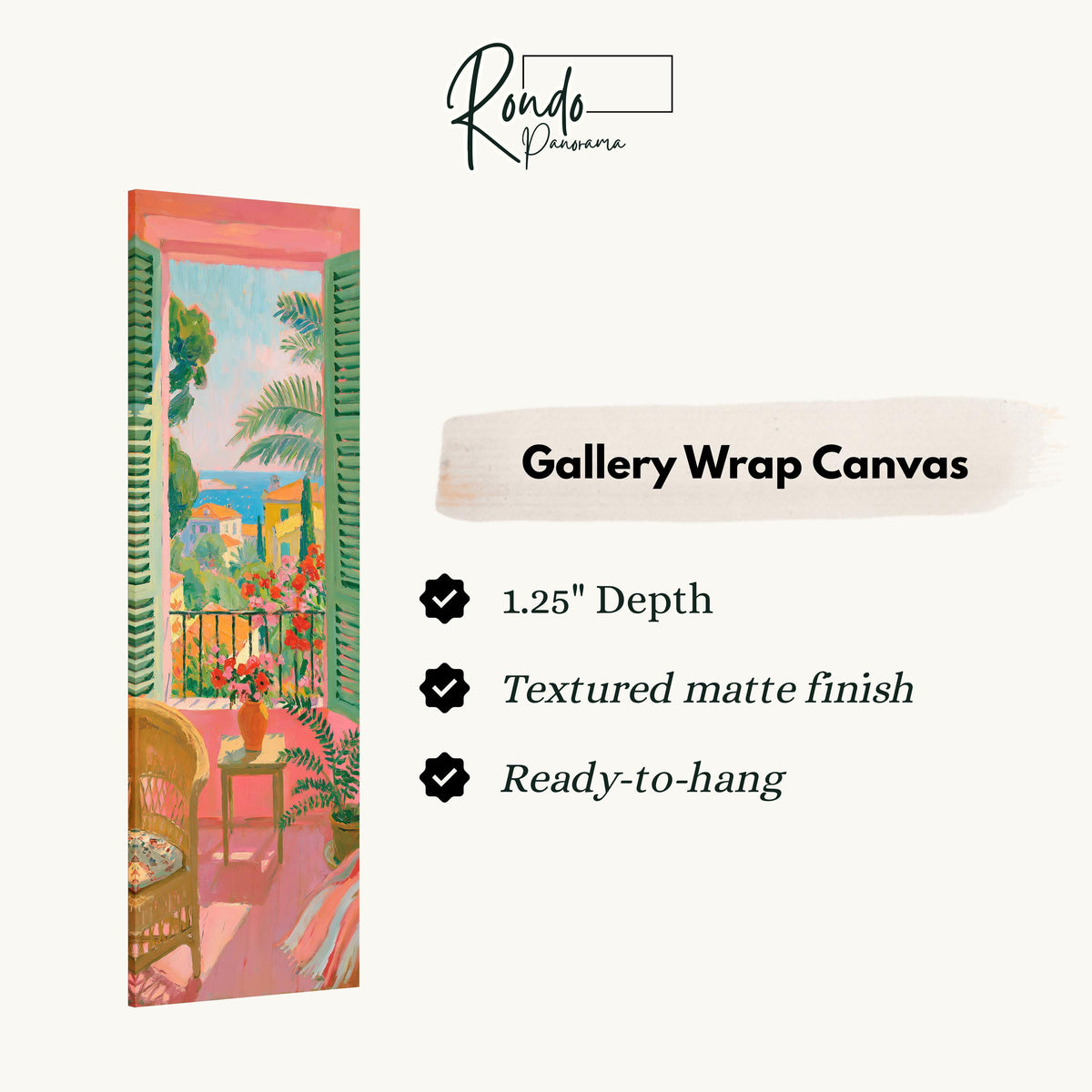 Pink balcony with flowers and a sea view gallery wrap canvas with the image wrapped around the edges