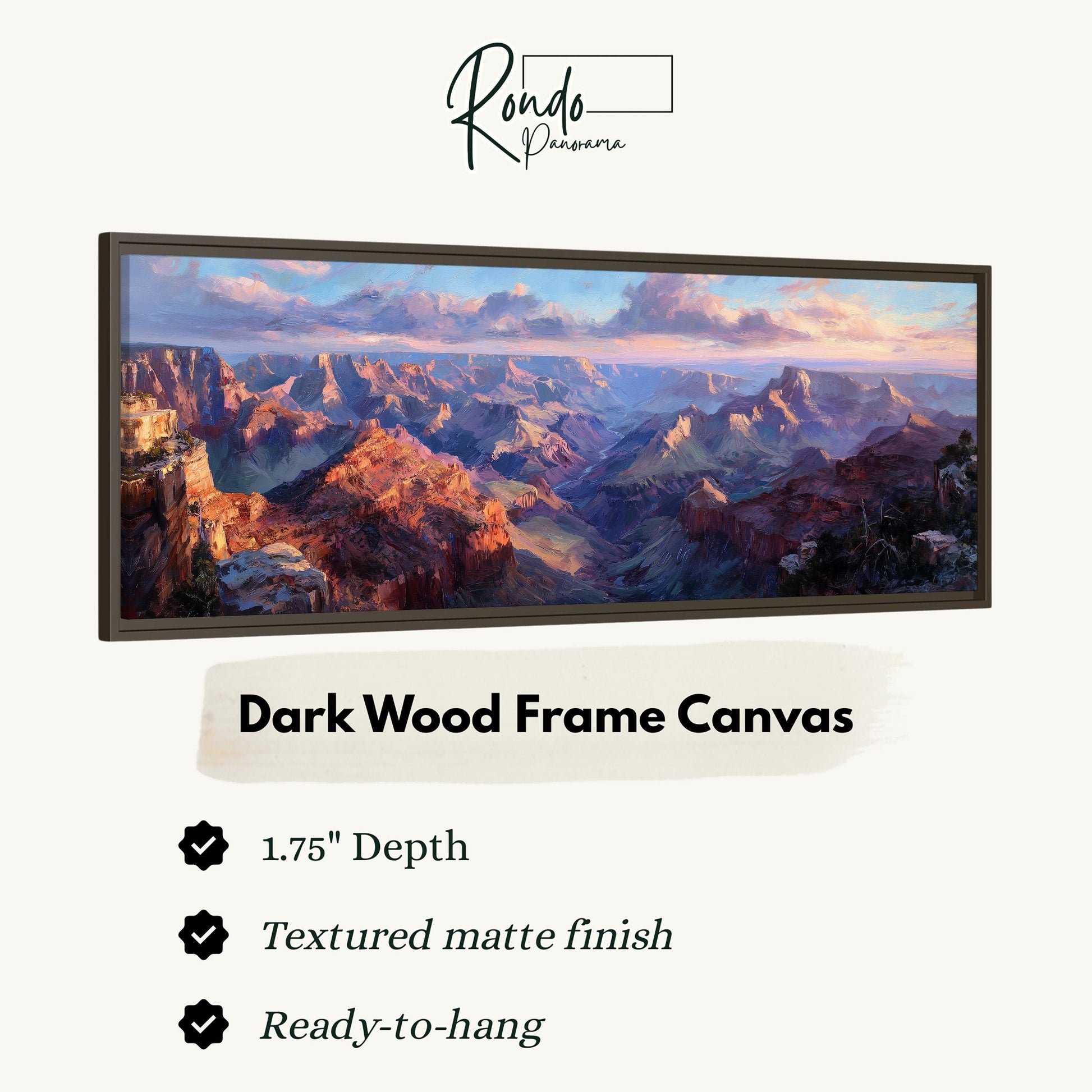 The image is a framed canvas depicting a scenic landscape with mountains and a sunset sky.