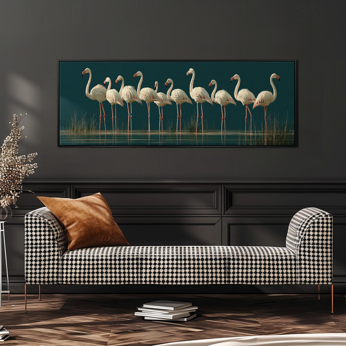 Pale flamingos wading on teal wide panoramic canvas print above a bench in a dark living room