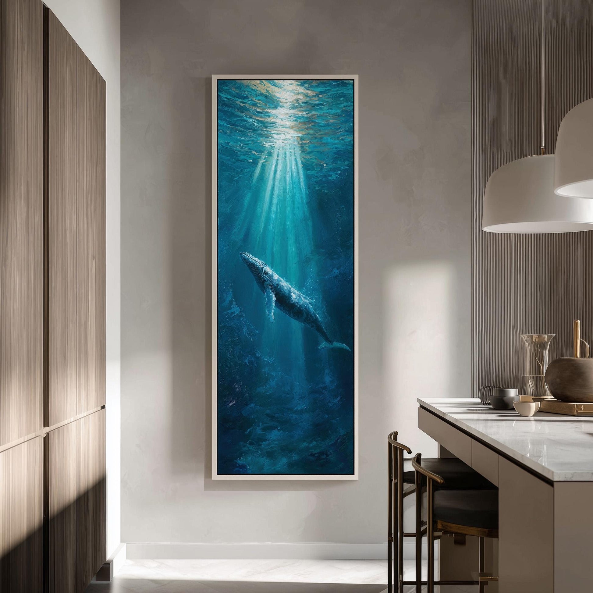 a large painting of a whale swimming in the ocean, hanging on a wall in a modern kitchen.