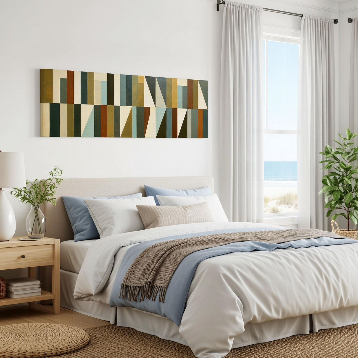 Earth tone geometric triangles panoramic canvas print above a bed in a coastal bedroom