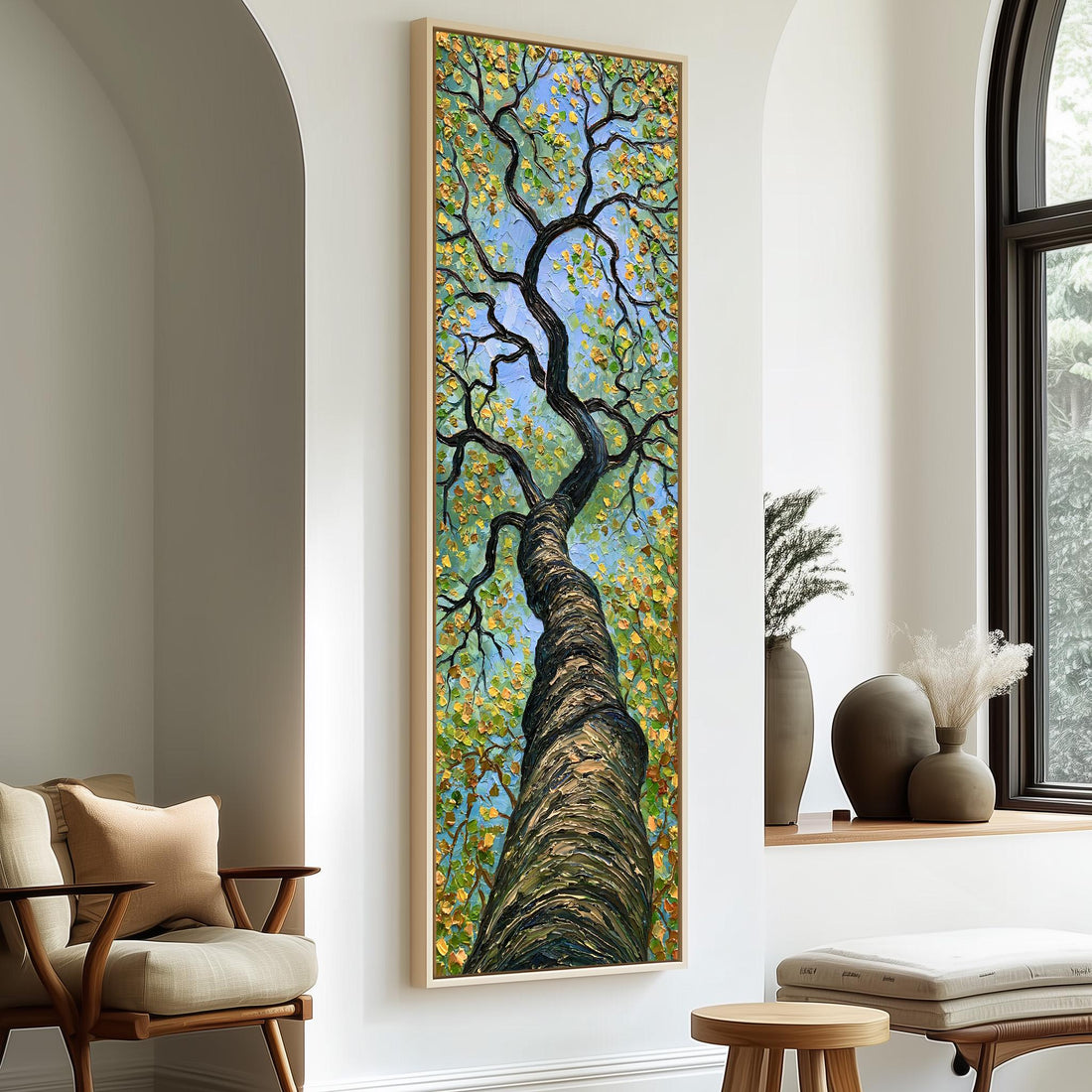 Twisting tree rising into a gold and green canopy long vertical canvas print in a sunlit living space