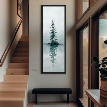 a serene indoor setting with a large painting of a tree on the wall, a wooden staircase, and a bench. The painting captures the reflection of the tree in a mirror-like surface, creating a sense of depth and tranquility.
