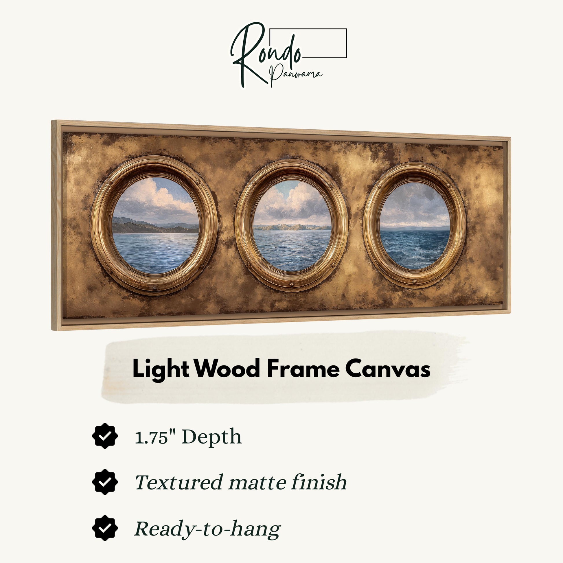 The image is a light wood frame canvas with three circular windows, each depicting a seascape. The canvas has a 1.75" depth and is textured with a matte finish. It is ready to hang.