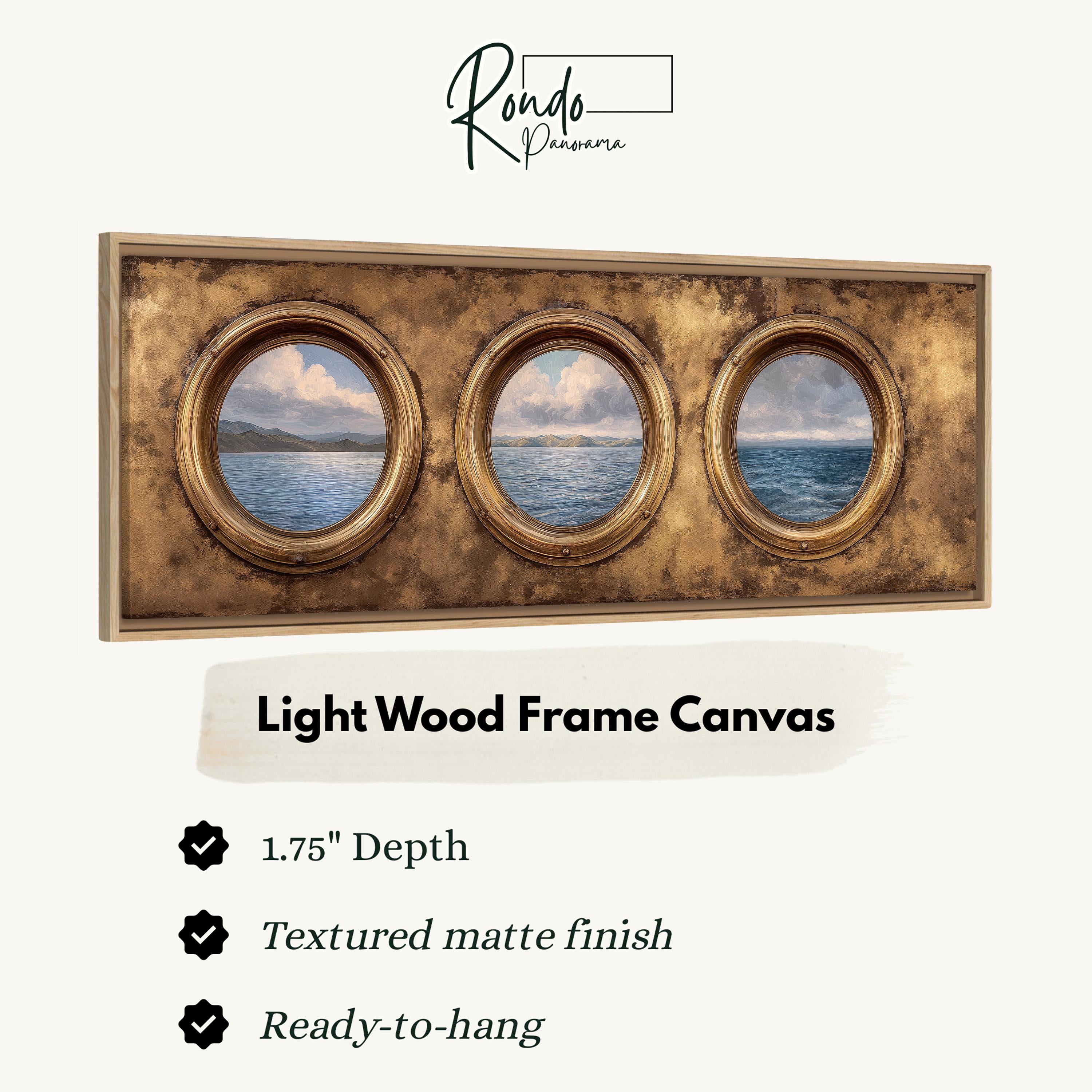 The image is a light wood frame canvas with three circular windows, each depicting a seascape. The canvas has a 1.75" depth and is textured with a matte finish. It is ready to hang.