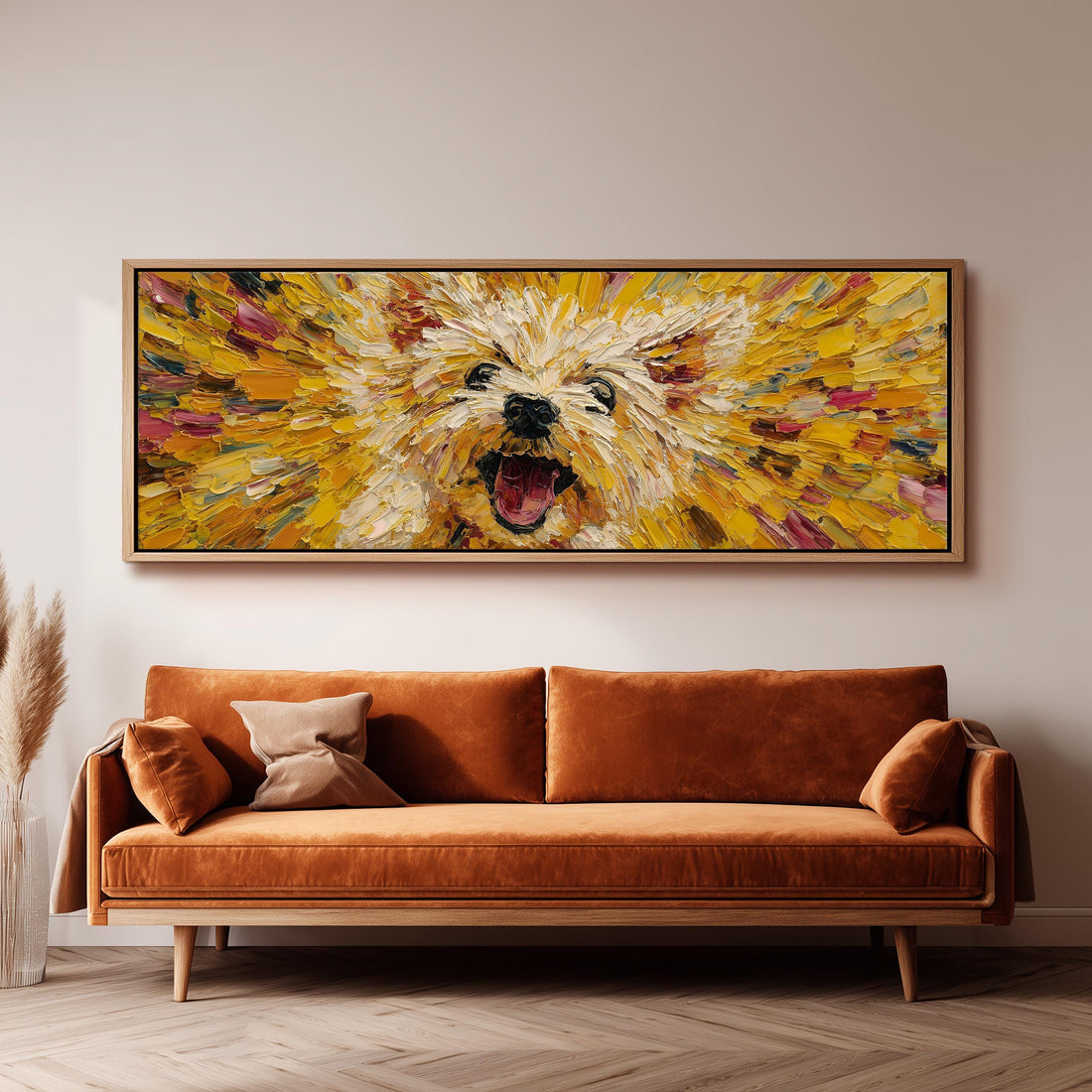 a large, vibrant painting of a dog's face hanging on a wall above a brown sofa.