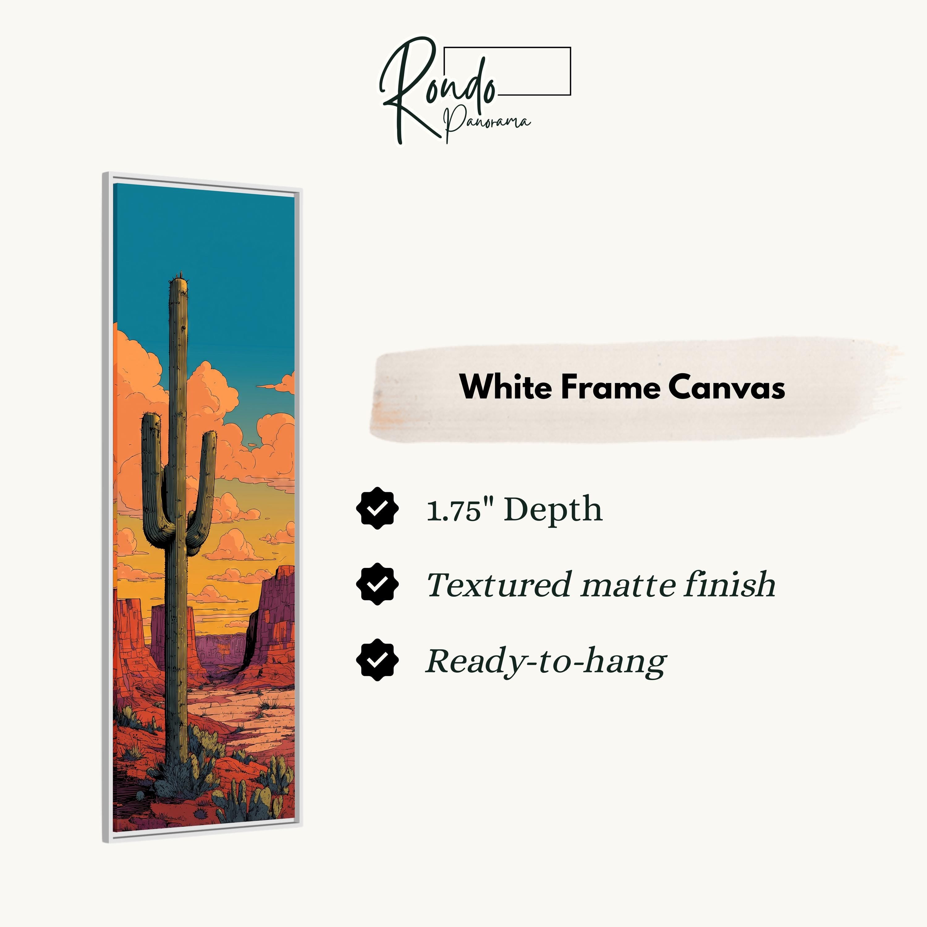 The image is a framed artwork depicting a desert landscape with a cactus in the foreground.