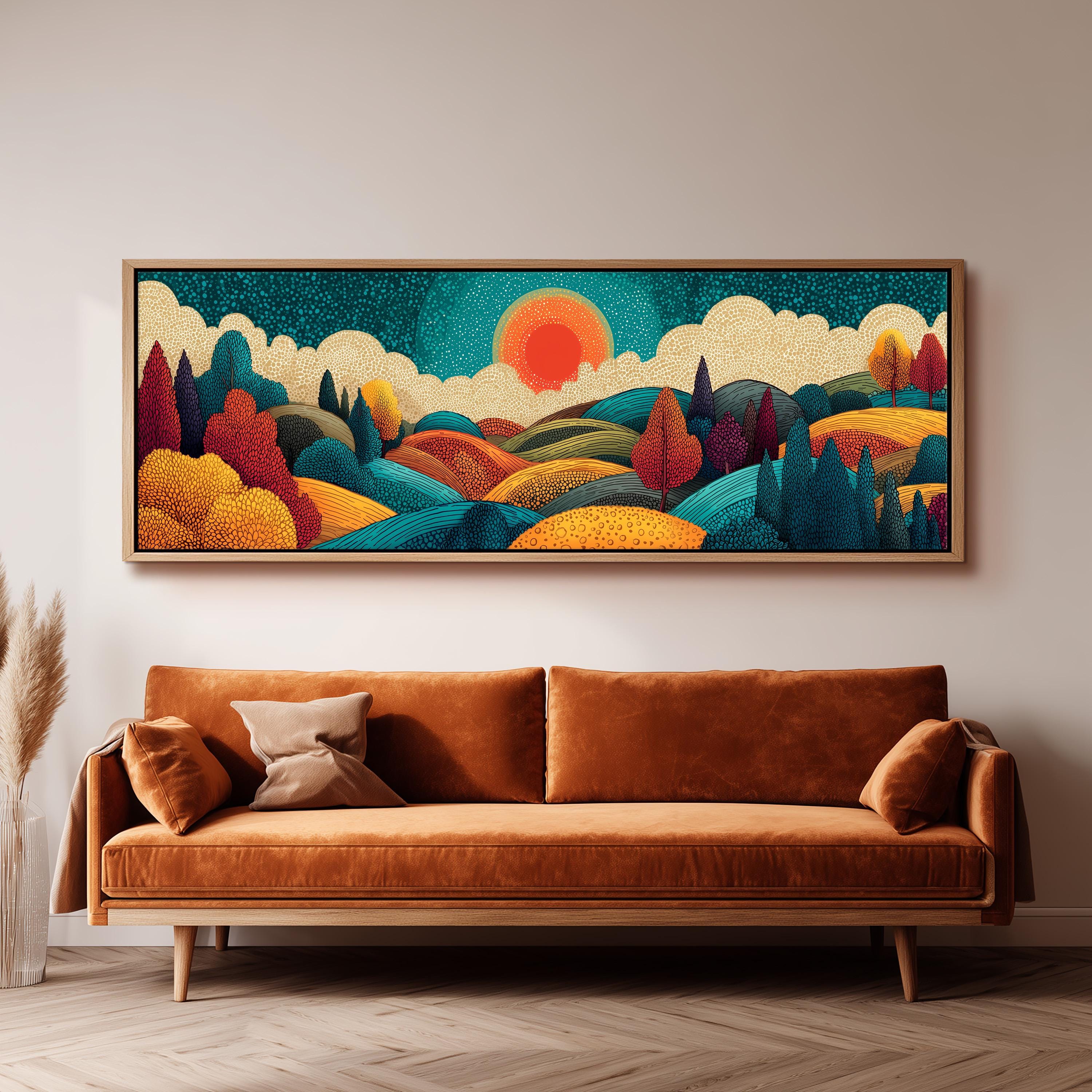 a large, colorful landscape painting hanging on a wall above a brown sofa.