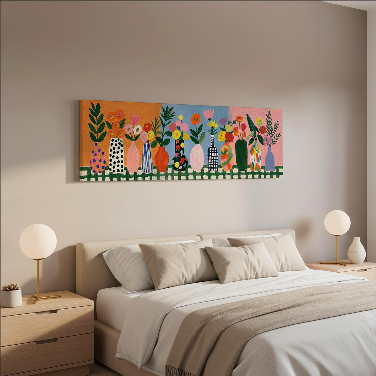 Folk art flower vases on orange and blue wide panoramic canvas print above a bed in a neutral bedroom