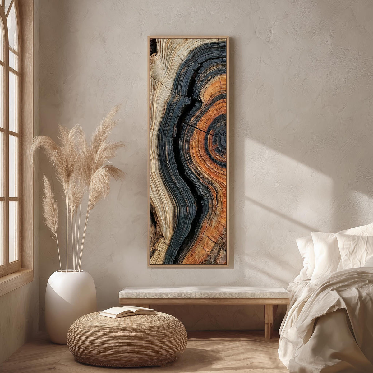 Charred tree ring close up long vertical canvas print in a bright reading corner