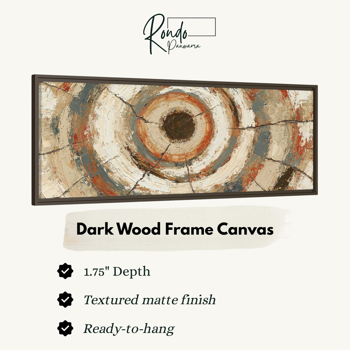 Rust and navy textured tree ring canvas print in a dark wood floating frame