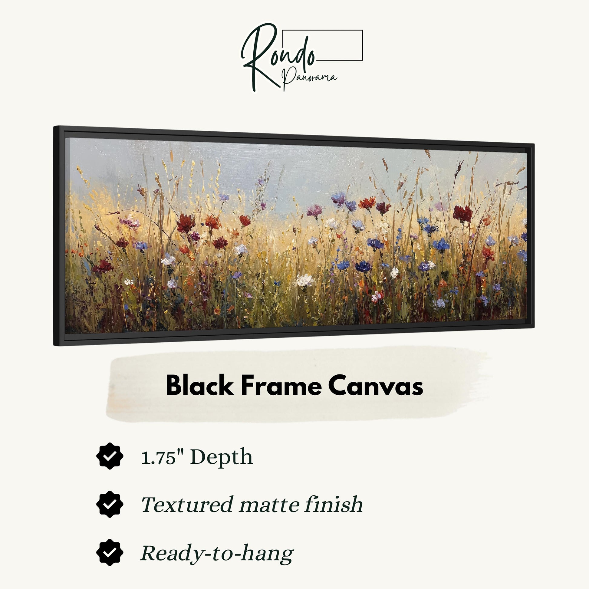 The image is a black frame canvas depicting a field of colorful wildflowers.