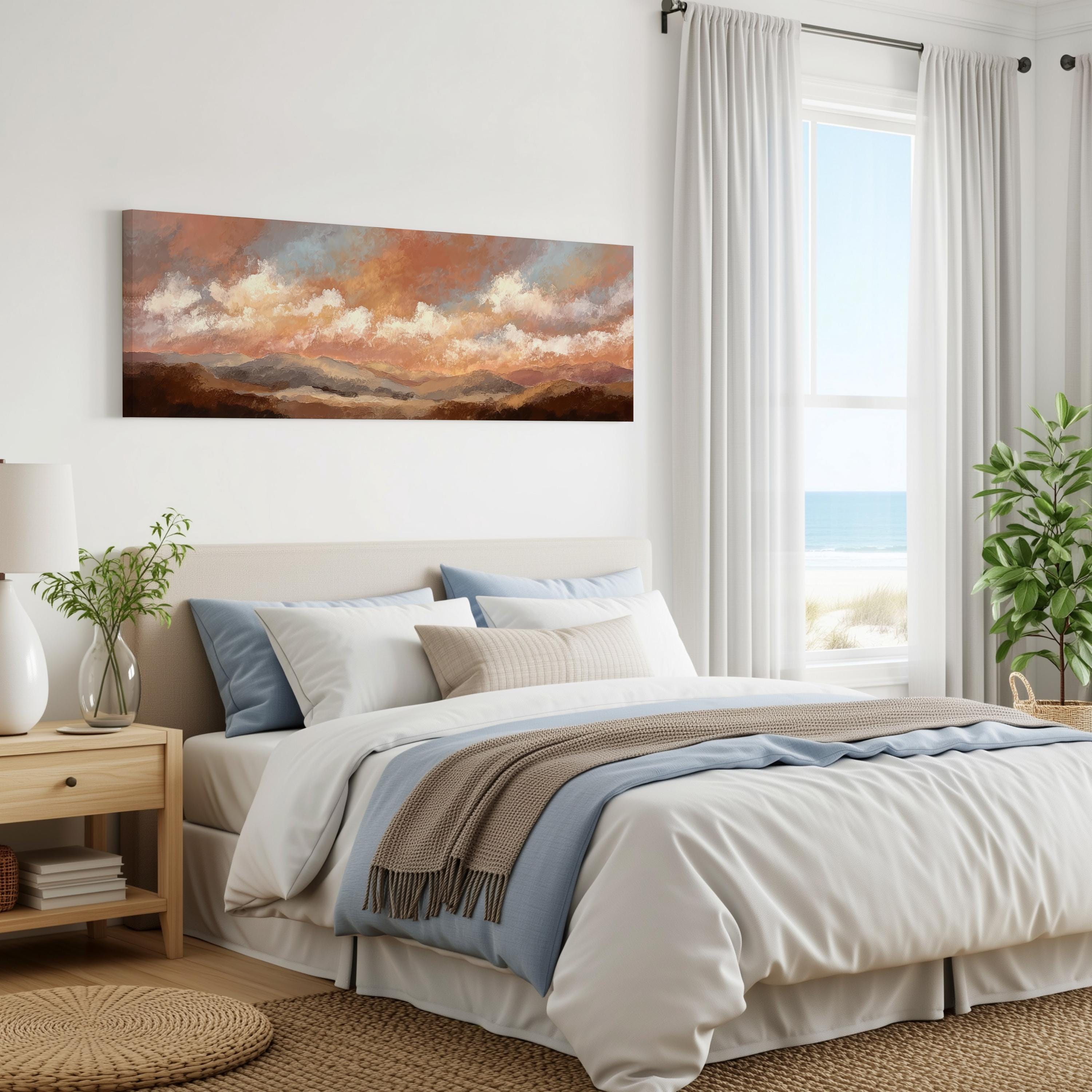 a serene bedroom with a large bed, a painting of a sunset on the wall, and a window overlooking the ocean.