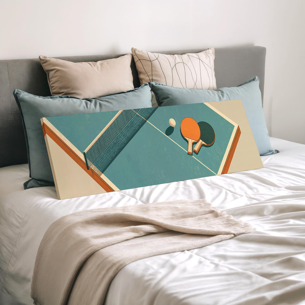 Retro ping pong table wide panoramic canvas print laid on a bed to show its size
