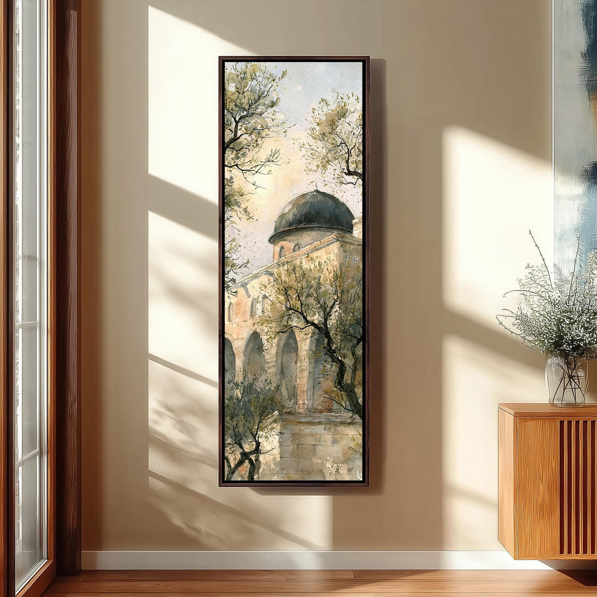 Domed building among olive trees in watercolor tall skinny canvas print in a sunlit living space