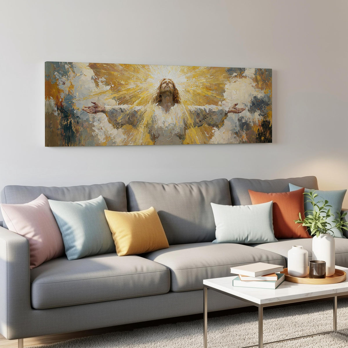 Risen Christ in golden light panoramic canvas print above a grey sofa in a living room
