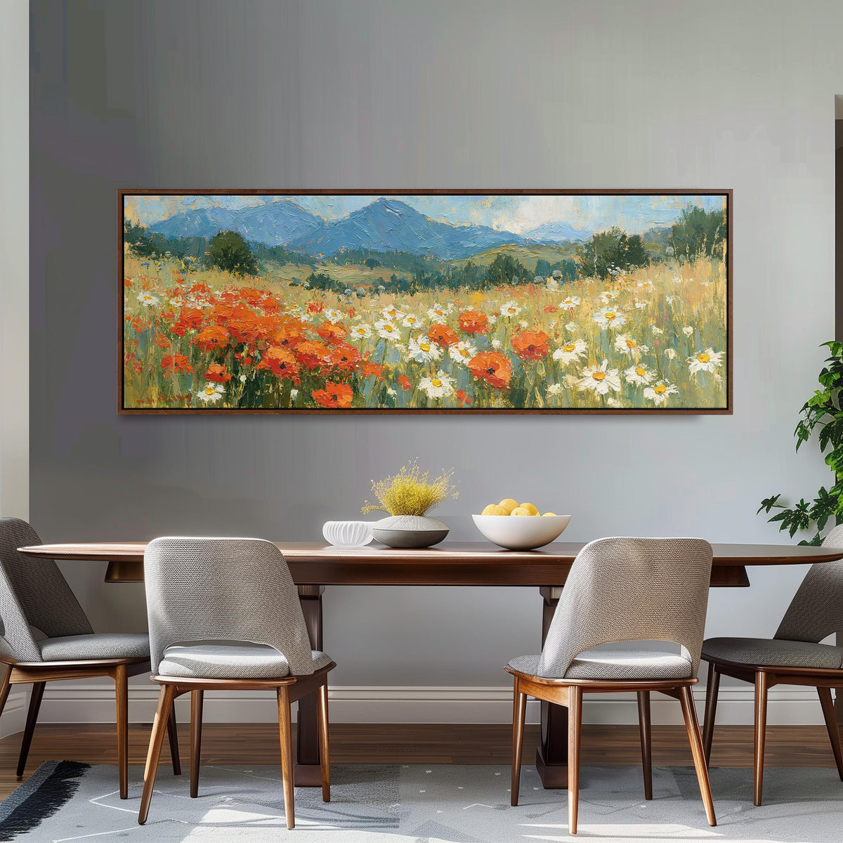 Alpine poppy and daisy meadow long horizontal canvas print above a dining table