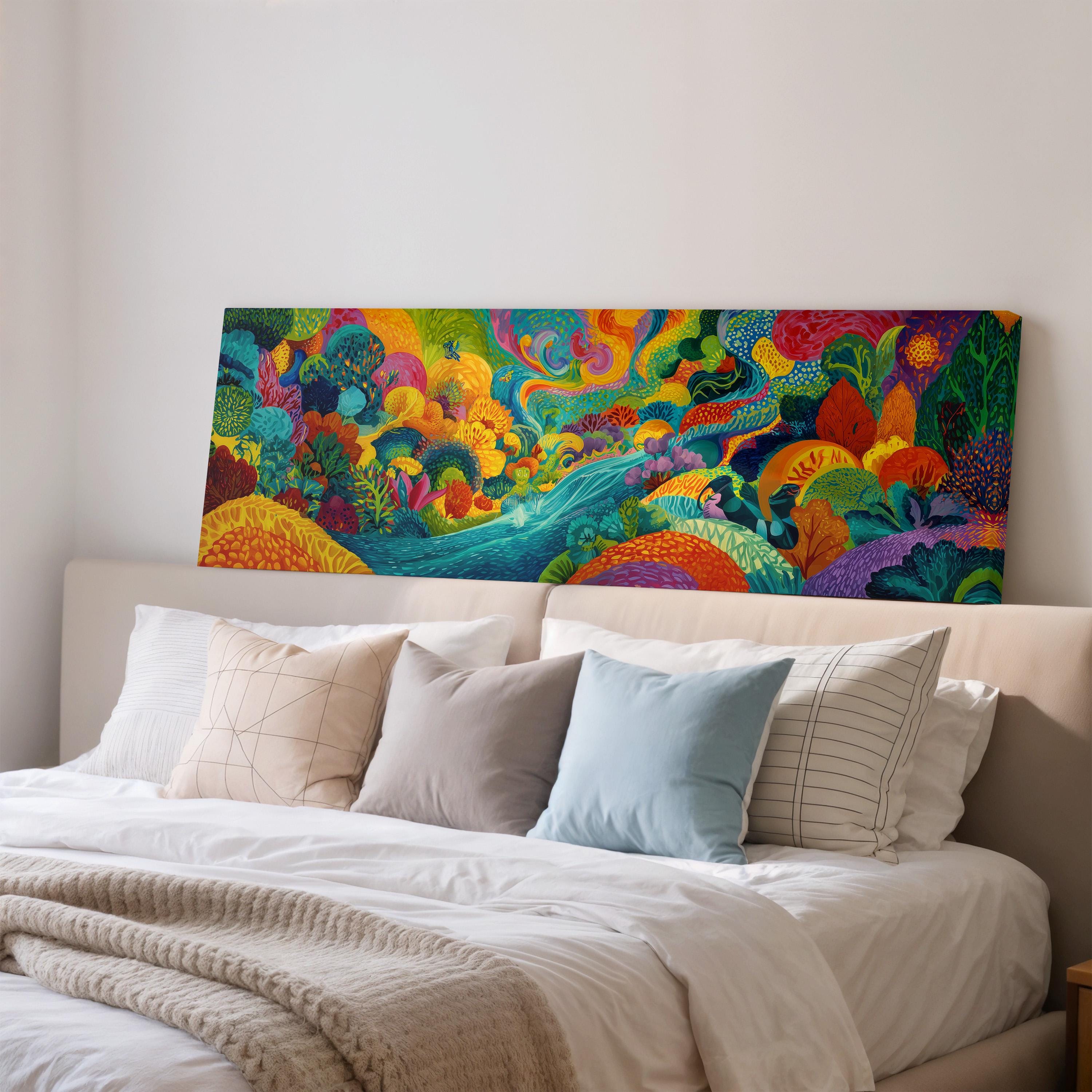a large, colorful painting of a tropical landscape hanging on a wall above a bed with white bedding and pillows.