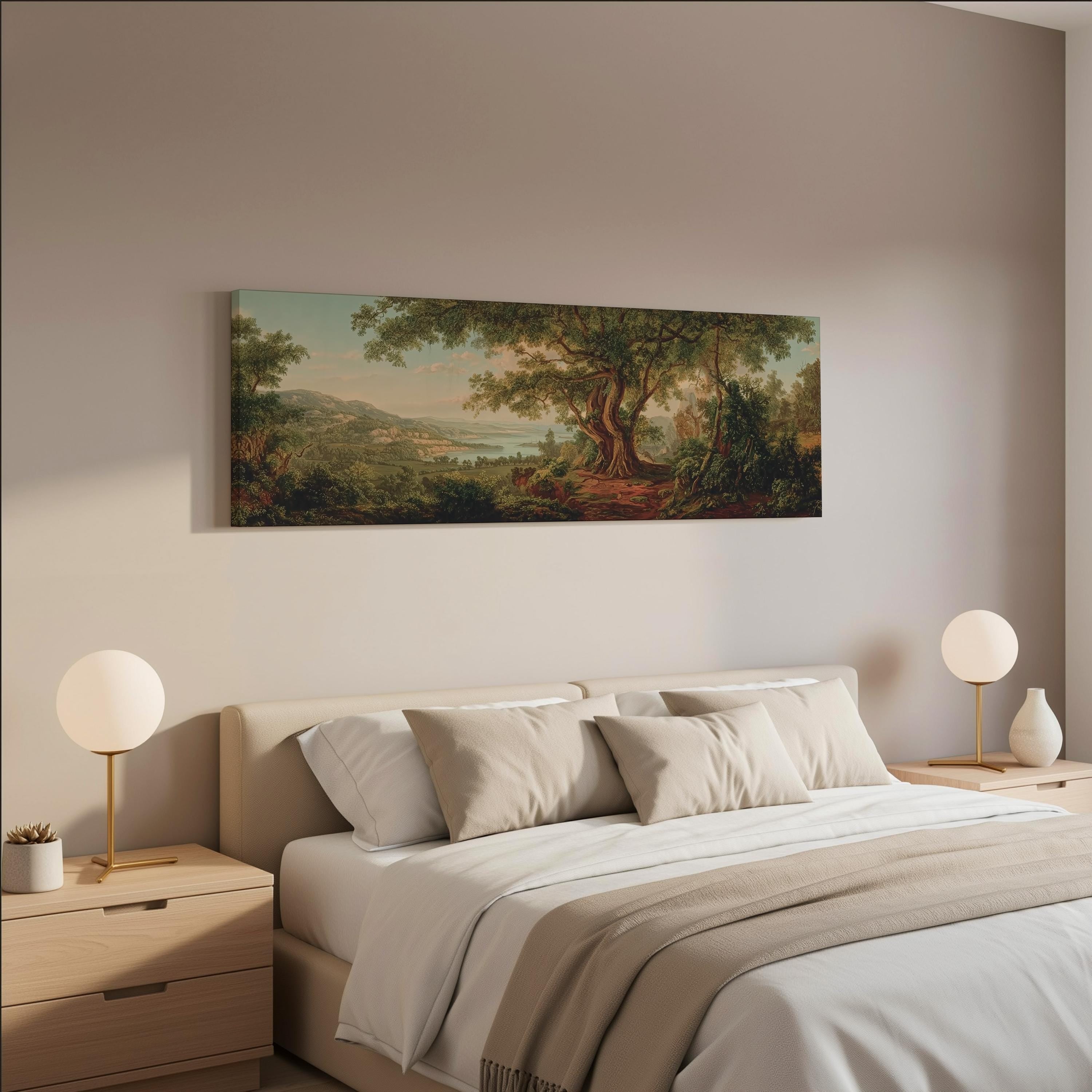 a serene bedroom scene with a large painting of a lush forest landscape hanging on the wall above a bed with white bedding and beige pillows.