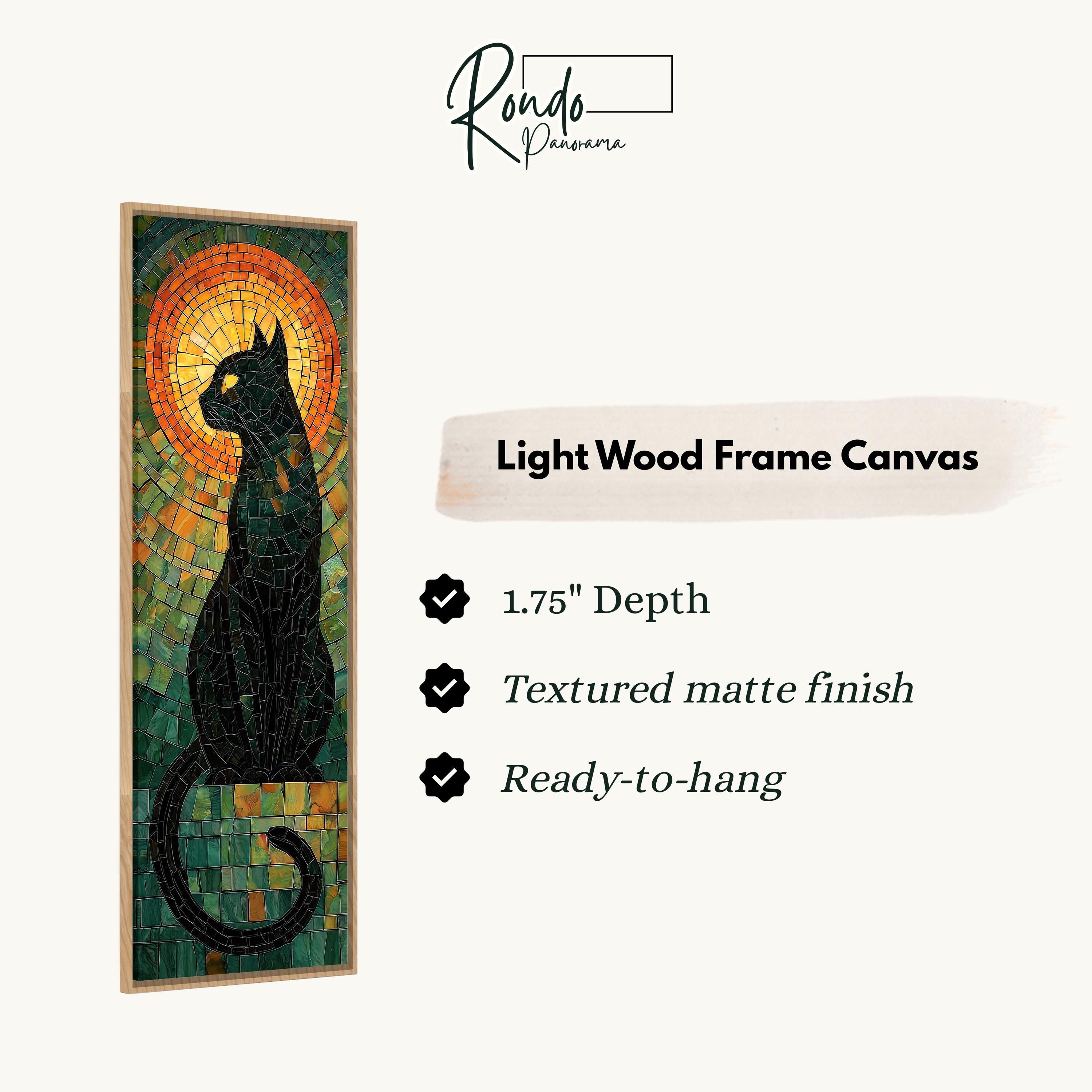 The image is a light wood frame canvas featuring a black cat sitting on a mosaic tile background.